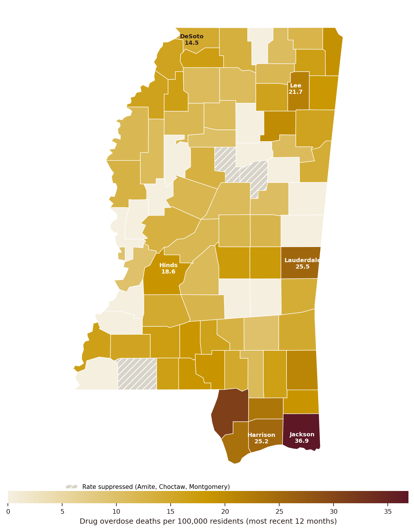Choropleth map of Mississippi counties shaded by overdose death rate; the Gulf Coast counties are darkest